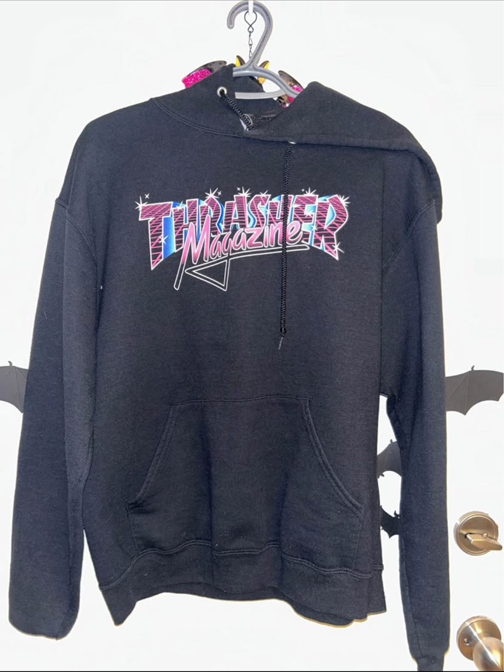 Thrasher Black Hoodie with Pink and Blue Retro Script